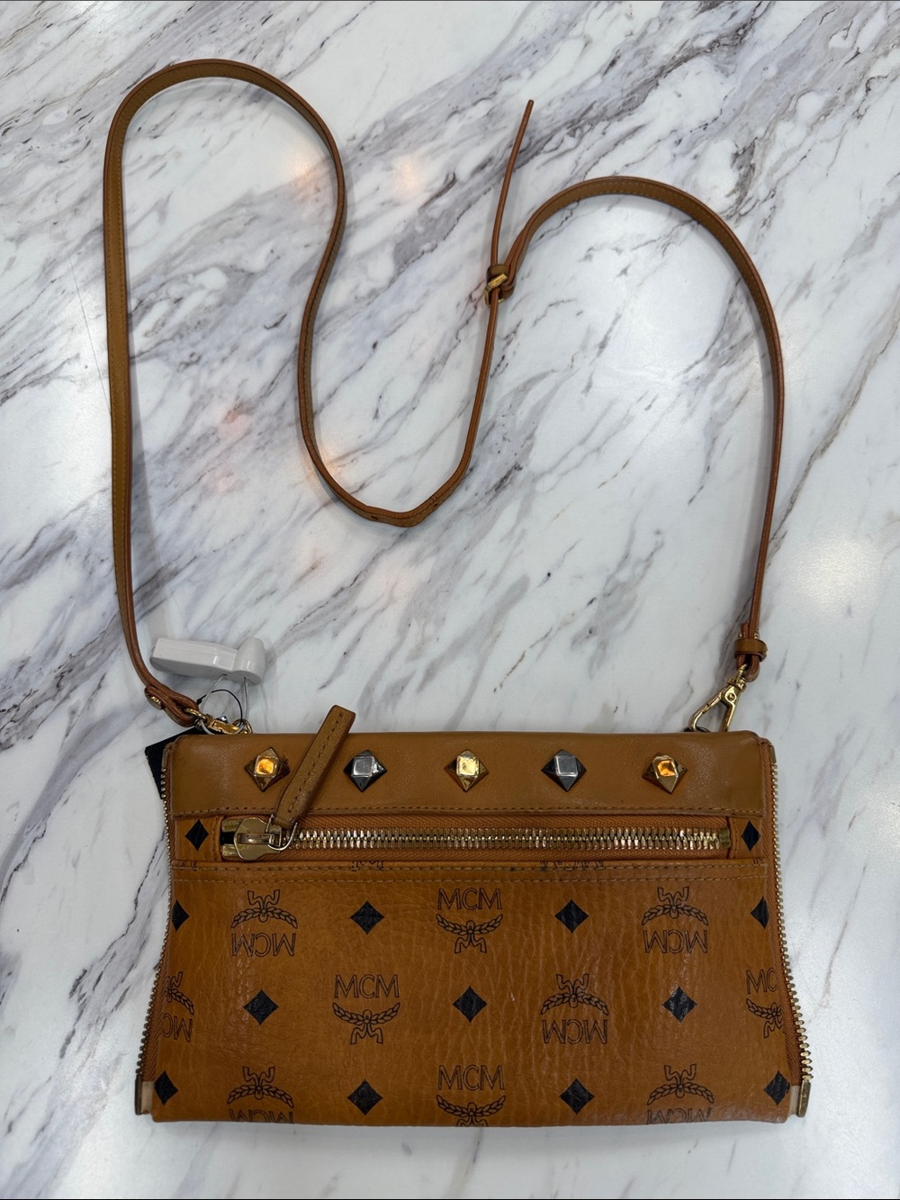 MCM Cognac Visetos Crossbody with Stud Accents